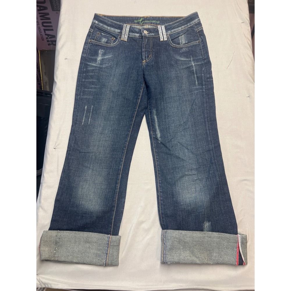 Bebe Sophie Jeans Womens 30 Dark Wash Rhinestone Logo Low Rise Straight Leg Y2K